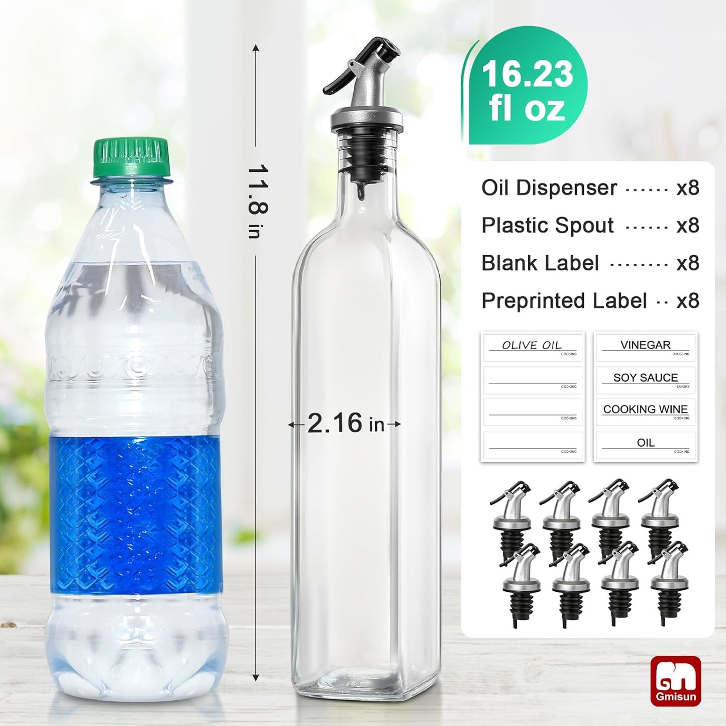 gmisun Olive Oil Dispenser for Kitchen, 4 Pack 17 fl oz Glass Oil Dispensers Bottle, Cooking Soy Sauce Bottle Container Cruet with Plastic Pourer Spout, Funnel and Labels, Clear