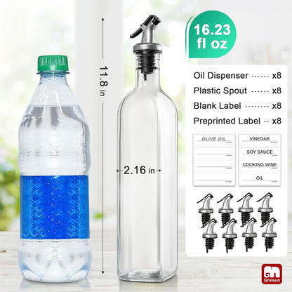 gmisun Olive Oil Dispenser for Kitchen, 4 Pack 17 fl oz Glass Oil Dispensers Bottle, Cooking Soy Sauce Bottle Container Cruet with Plastic Pourer Spout, Funnel and Labels, Clear