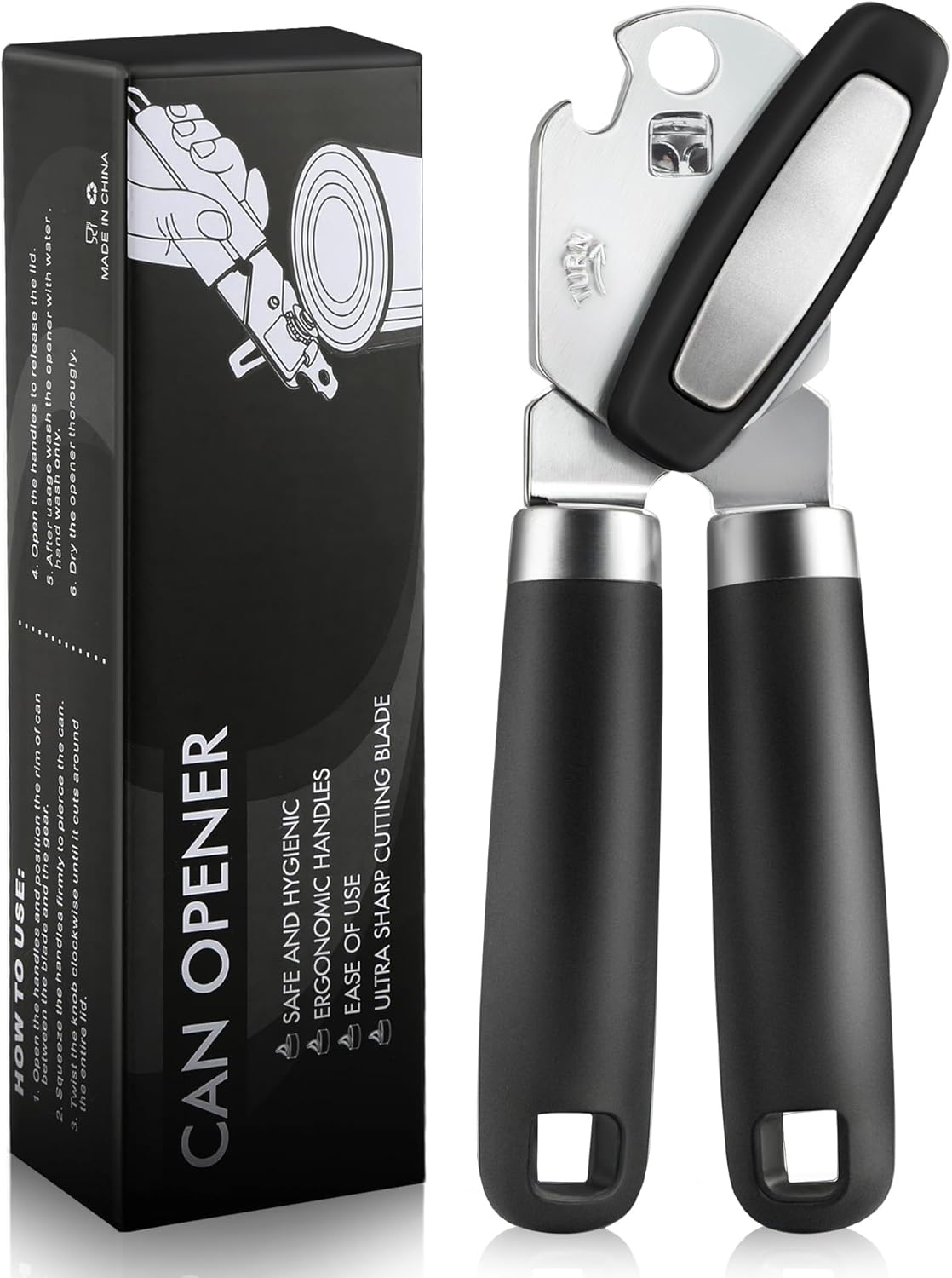 Multifunctional Can Opener Manual, Durable Heavy Duty Handheld Strong Can Opener with Smooth Cutting Edge, Friendly Kitchen Essentials Tool for Seniors, Camping and Bottle Opening-Black