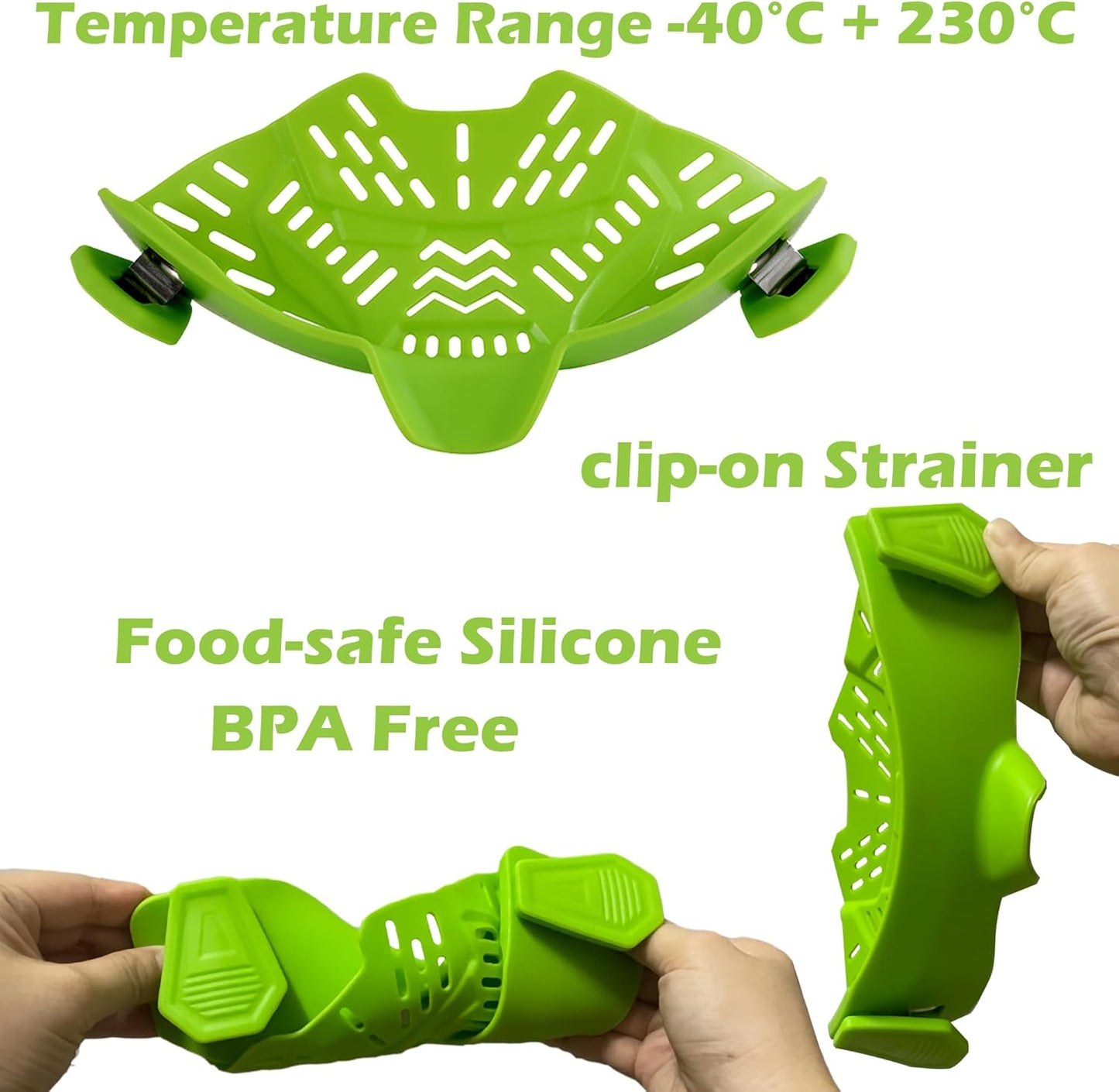 Adjustable Silicone Clip-On Colander. Heat-Resistant Drainer for Pasta, Vegetables, Noodles, and Food. Clip On Strainer for Pots, Pans, and Bowls-Essential Kitchen Gadget (Green)
