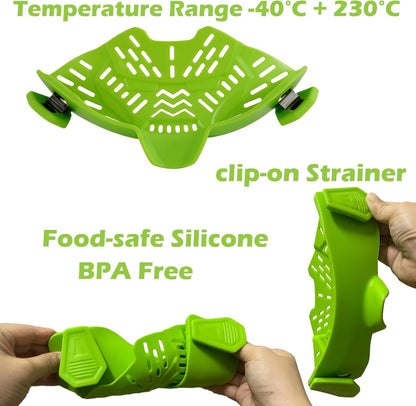 Adjustable Silicone Clip-On Colander. Heat-Resistant Drainer for Pasta, Vegetables, Noodles, and Food. Clip On Strainer for Pots, Pans, and Bowls-Essential Kitchen Gadget (Green)