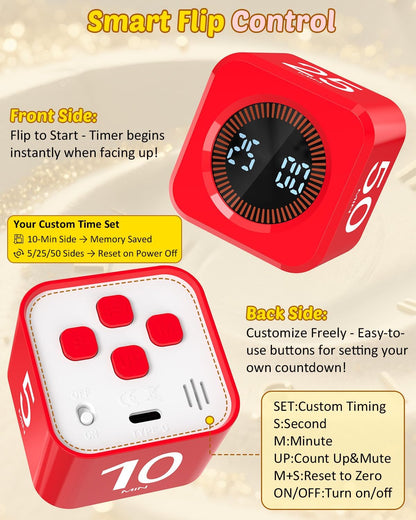 Digital Pomodoro Timer Cube 5/10/25/50min, Visual Productivity Flip Timer for Kids Classroom Desk, Custom Countdown, Silent and Sound Mode for ADHD Study Work Game Kitchen (Orange)