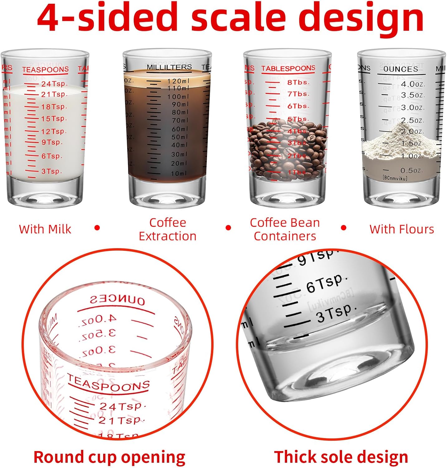 2Pcs Shot Glass Measuring Cup, 4 Ounce Heavy Base Jigger, Espresso Shot Glasses, Liquid Cup, Round Shot Glasses, Small Cups for Vodka, Whiskey, Tequila, Espresso, Liquor (2, Red)