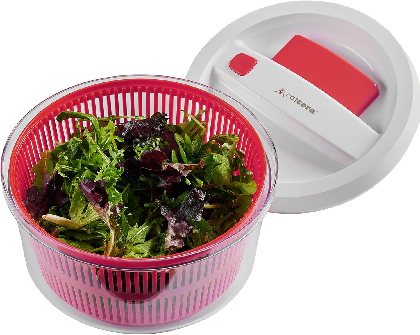 CatCora Quickspin One-Handed Salad Spinner, Accelerated Pump-Action With Built-In Break For Perfectly Dried Salad Greens, Ergonomic Single-Hand Design