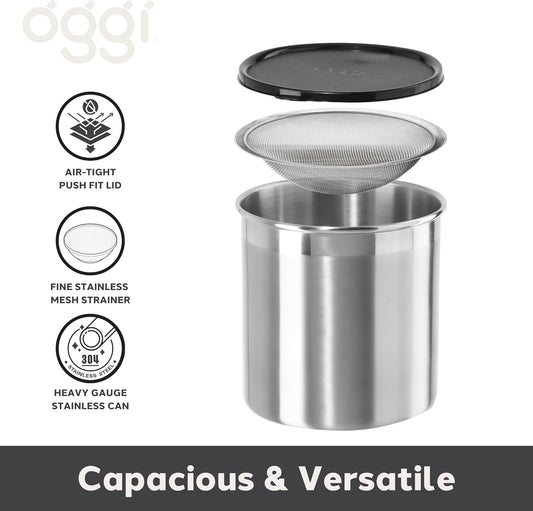Oggi Stainless Steel Jumbo Grease Container with Removable Strainer and Snug Lid. Perfect container for fryer oil, bacon drippings, lard and ghee oil. Large capacity can - 1 Gall / 4 Qt / 3.75 Lt