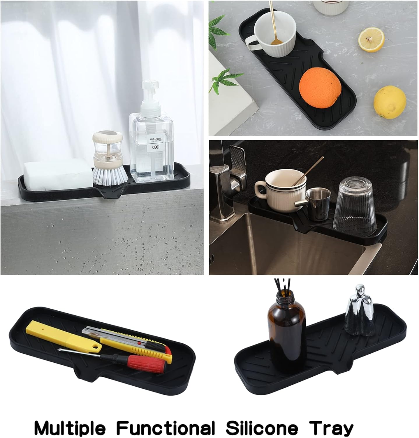 MicoYang Silicone Soap Dish with Drain Spout, Self-Draining Sink Organizer Tray for Bathroom and Kitchen, Sponges, Dispensers and Soap Holder, Non-Slip and Dishwasher Safe, Black (Compact, 4.9"×3.2")