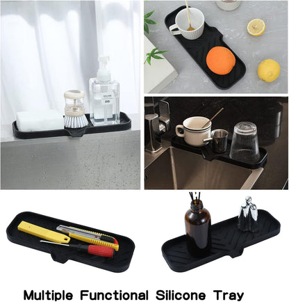 MicoYang Silicone Soap Dish with Drain Spout, Self-Draining Sink Organizer Tray for Bathroom and Kitchen, Sponges, Dispensers and Soap Holder, Non-Slip and Dishwasher Safe, Black (Compact, 4.9"×3.2")