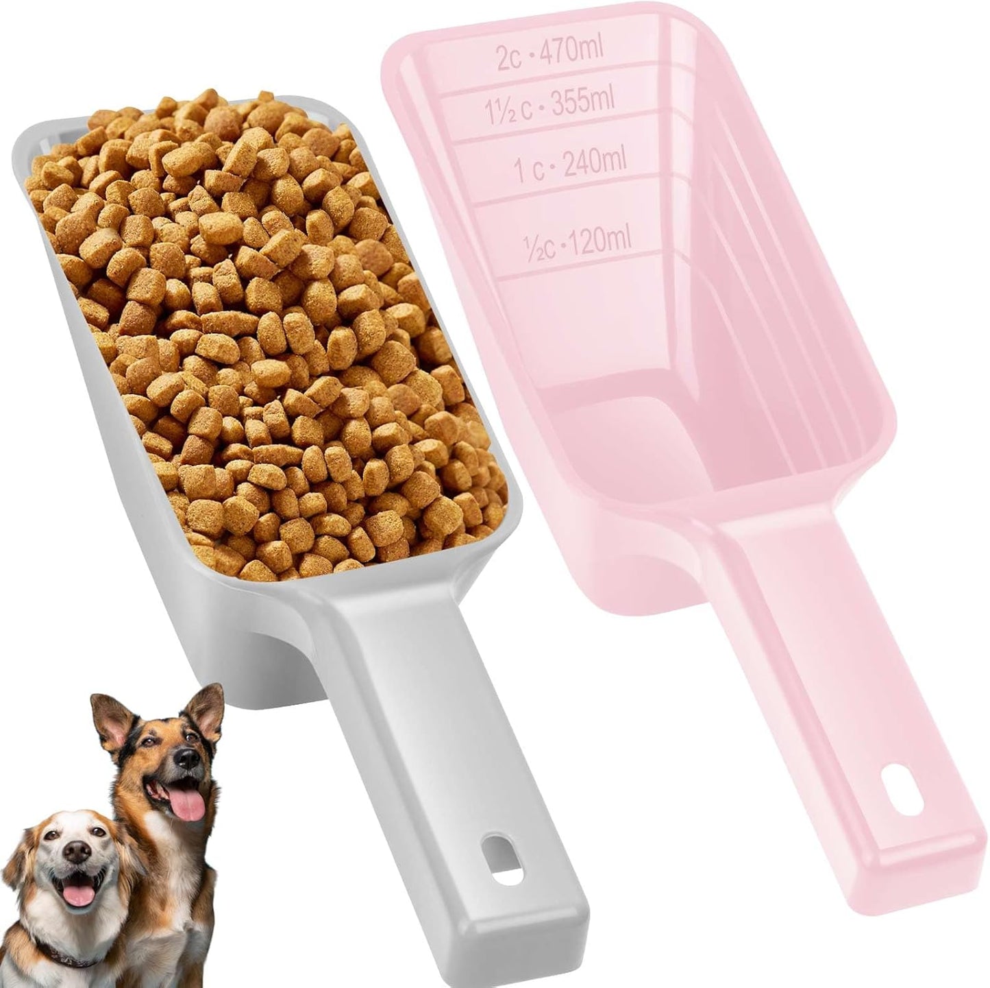 2 Cup Dog Food Scoop(2 Pack), Plastic Pet Food Scoop with Measuring Lines for Accurate Pet Food Portions,Dishwasher Safe (Grey and Pink)
