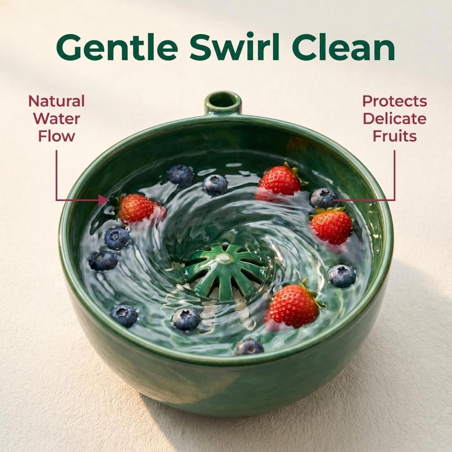 Ceramic Berry Washing Bowl with Swirl Cleaning Design, Self Rinsing Fruit Spinner Colander for Strawberries Blueberries Grapes, Quick Drain Kitchen Washer Bowl (Ceramic)