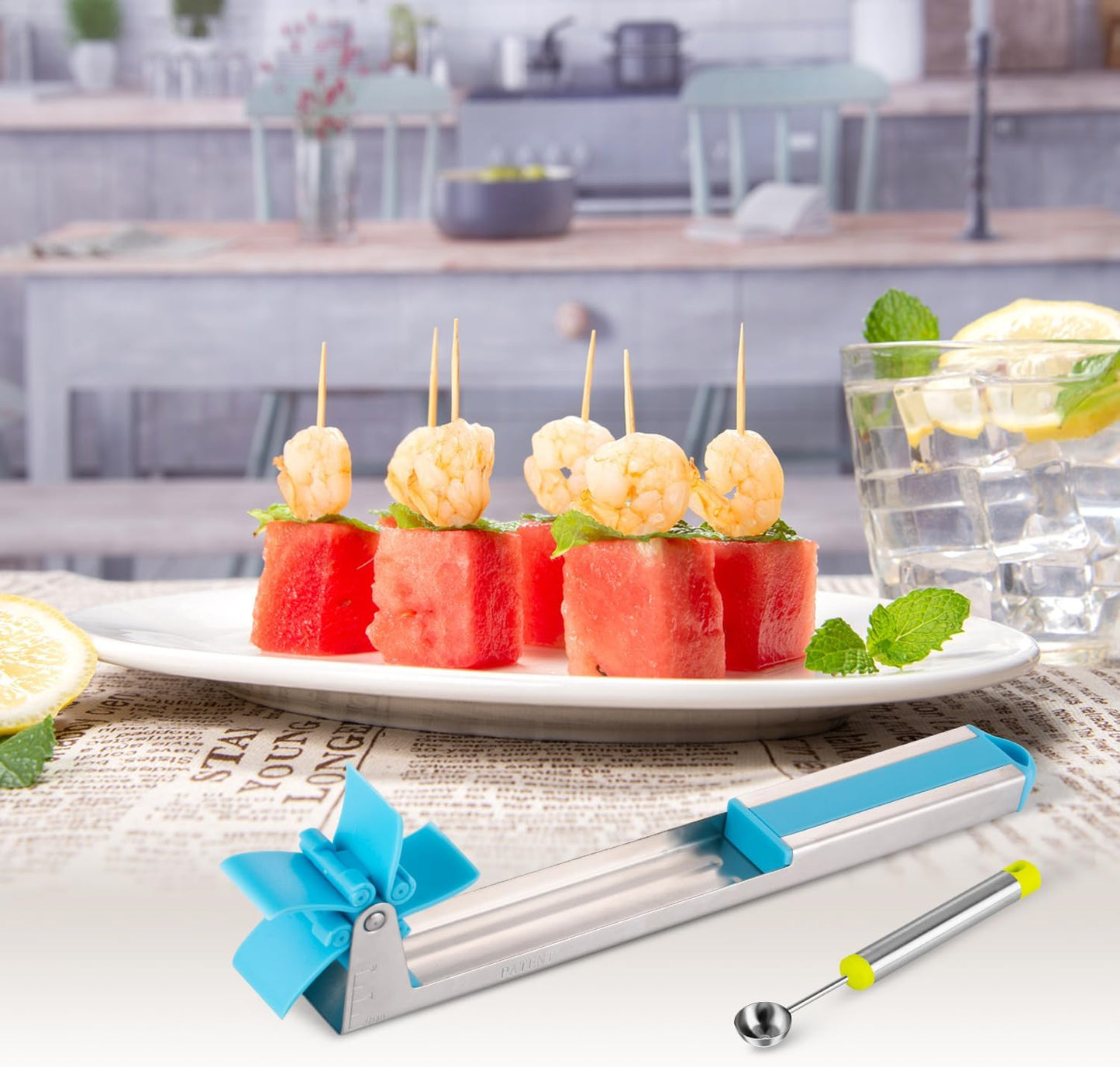 Watermelon Slicer Watermelon Cube Cutter Knife Corer Windmill Stainless Steel Watermelon Fruit Tools with Melon Baller Scooper Easy Slicer Unique Kitchen Gadgets Watermelon Knife Home Gift (Pink)