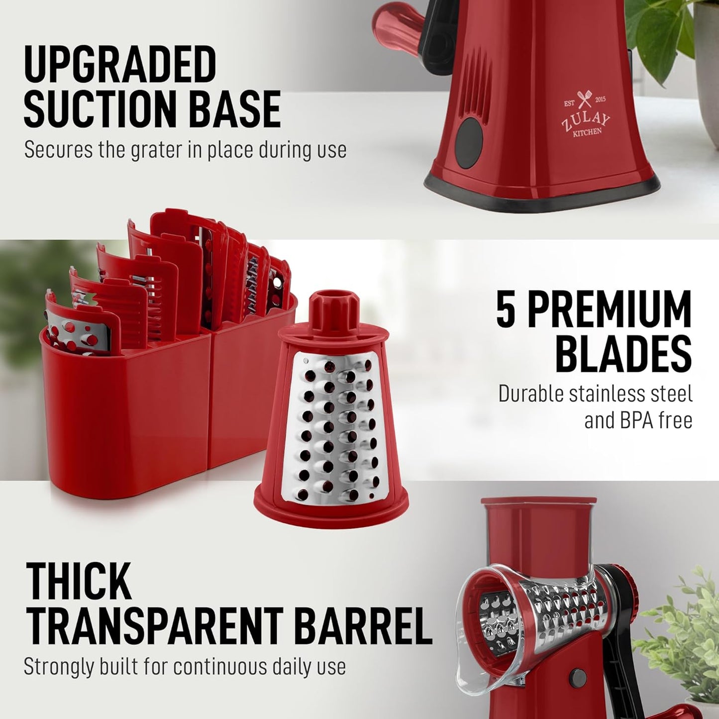 Zulay Kitchen Rotary Cheese Grater 5 Blade Cheese Shredder - Manual Hand Crank Cheese Grater With Reinforced Suction & 5 Interchangeable Drums - Easy to Use, Vegetable Chopper Round Mandoline Slicer - Colors B