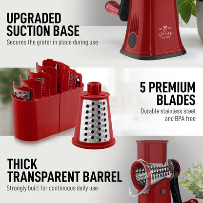 Zulay Kitchen Rotary Cheese Grater 5 Blade Cheese Shredder - Manual Hand Crank Cheese Grater With Reinforced Suction & 5 Interchangeable Drums - Easy to Use, Vegetable Chopper Round Mandoline Slicer - Colors B