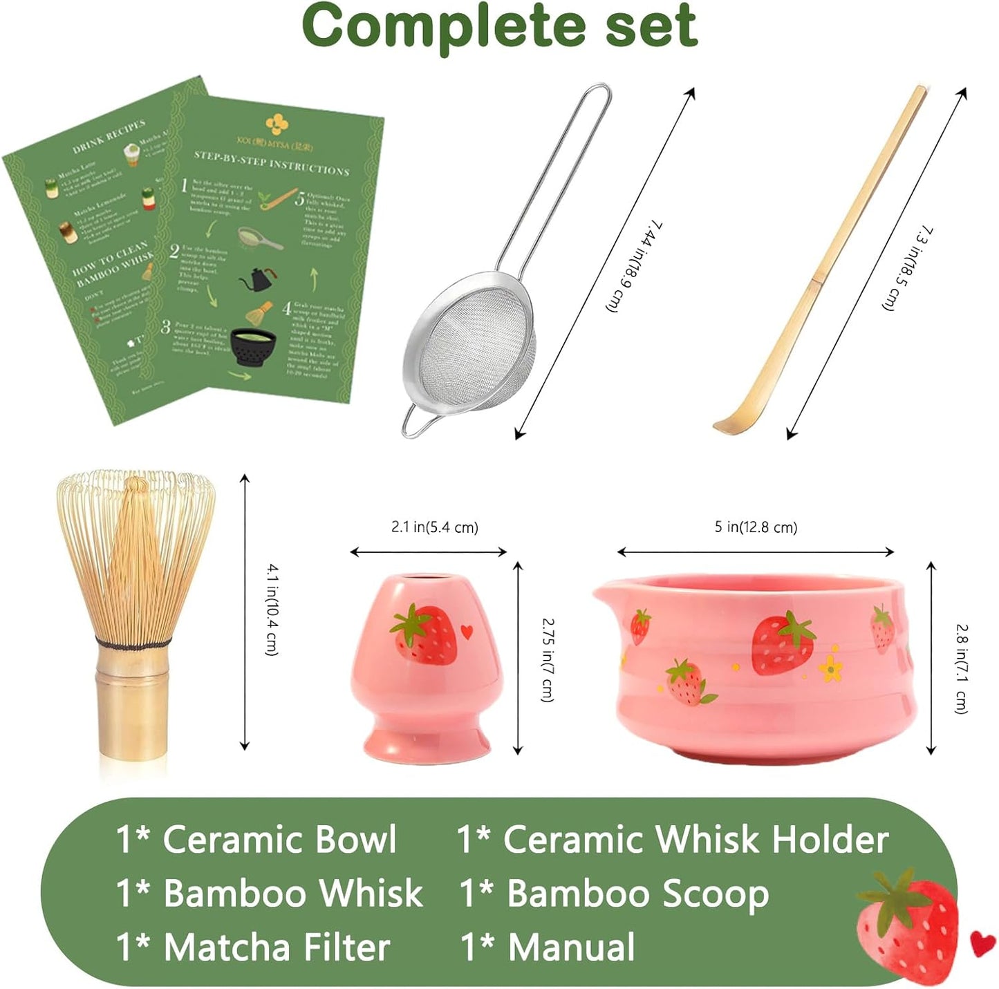 Matcha Whisk Set, 5 Pcs Traditional Japanese Matcha Whisk Preparation Kit, White Glossy Ceramic Bowl with Black Cat and Strawberry Pattern