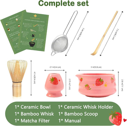 Matcha Whisk Set, 5 Pcs Traditional Japanese Matcha Whisk Preparation Kit, White Glossy Ceramic Bowl with Black Cat and Strawberry Pattern