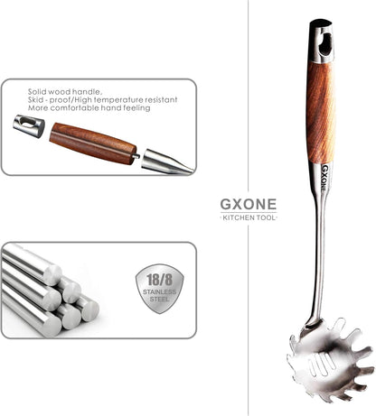 Slotted Spoon,304 Stainless Steel Skimmer Spoon with Heat Resistant Wooden Handle,Silver/15.8Inch