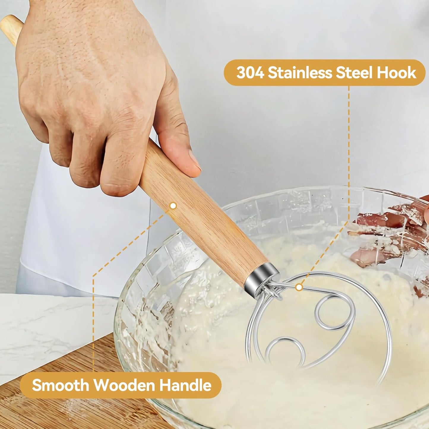 Danish Dough Whisk Dutch Bread Mixer Stainless Steel Hook Wooden Handle Baking Tools for Sourdough Pizza Pastry Cake Batter Making