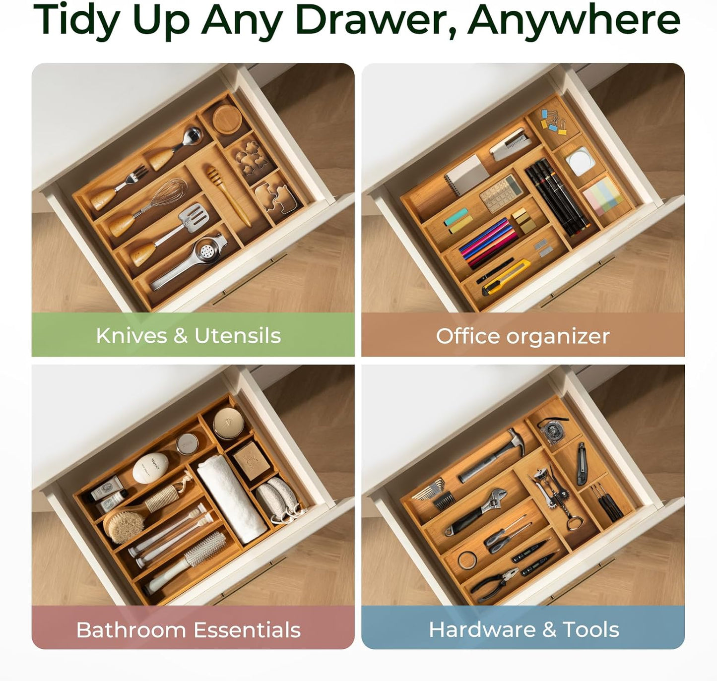 keechee Carbonized Bamboo Kitchen Drawer Organizer, 10 Slots Expandable Silverware Organizer, Utensil Holder & Cutlery Tray, 2.2" Deep for Extra Capacity, Non-Slip Feet Included