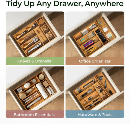 keechee Carbonized Bamboo Kitchen Drawer Organizer, 10 Slots Expandable Silverware Organizer, Utensil Holder & Cutlery Tray, 2.2" Deep for Extra Capacity, Non-Slip Feet Included