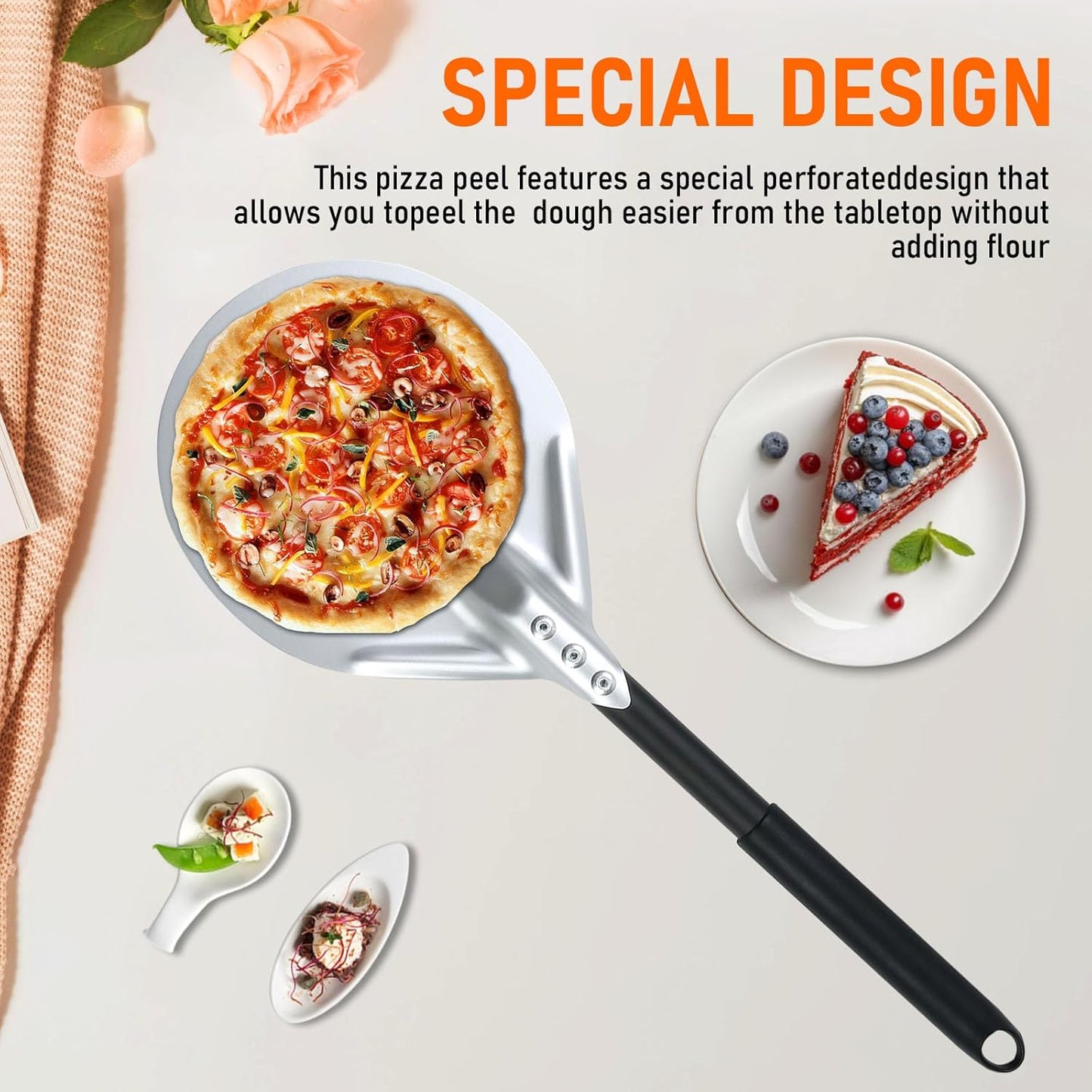 Perforated Pizza Peels 6 INCH pizza spatula paddle Long Handle Metal Pizza Spatula for Indoor and Outdoor (6 Inch)