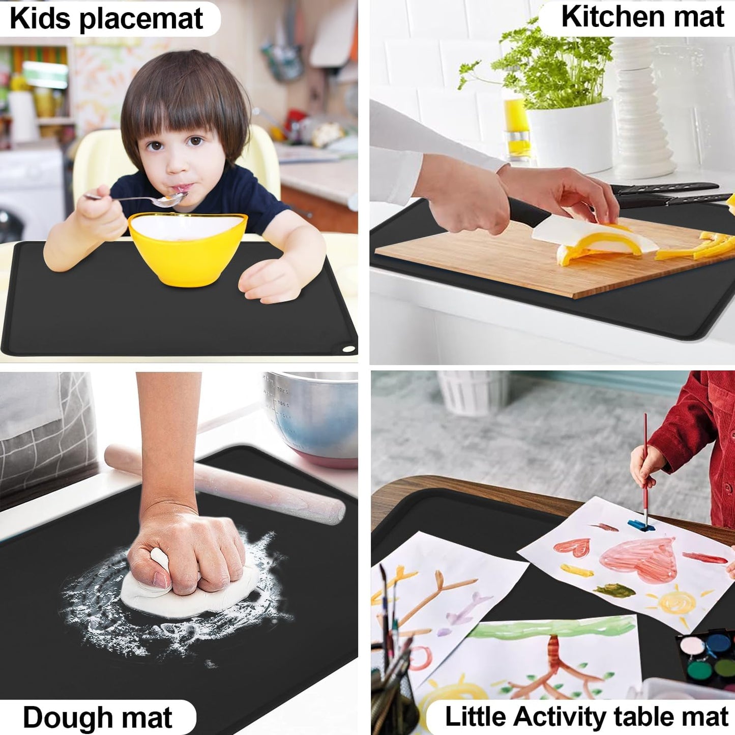 Standard Silicone Mat,Black Baking Mat-Food Grade Kids Dinner Table Placemat Non Slip Counter Mat with Raised Edges Heat Resistant Mat for Air Fryer Nonstick Pastry Dough Mat(1 Pack 23.6'' x 15.7'')