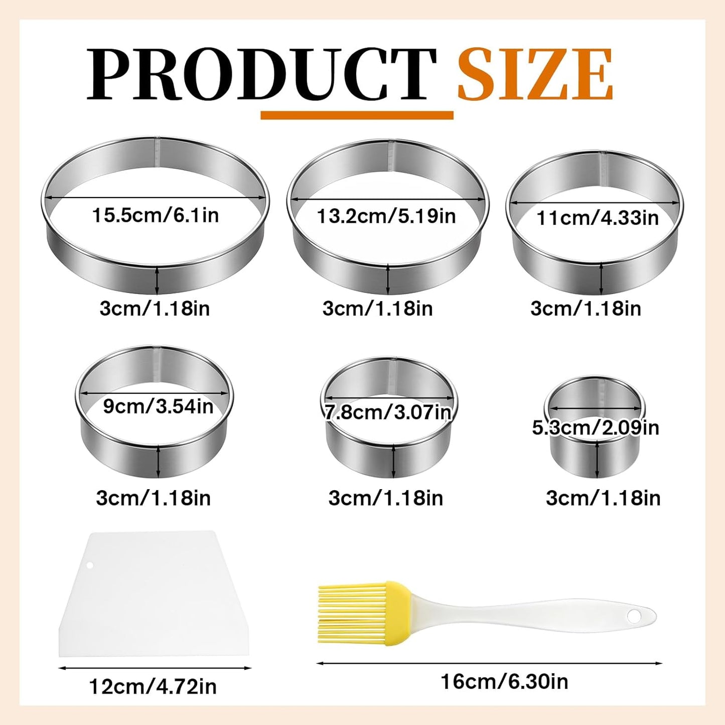 Circle Cookie Cutter 8 Piece Round Cookie Cutter & Scraper & Silicone Pastry Brush Set for Pastry,Donut,Fondant,Cake,Cookies, Diameter (2, 3, 3.7, 4.3, 5.3, 6 Inch)