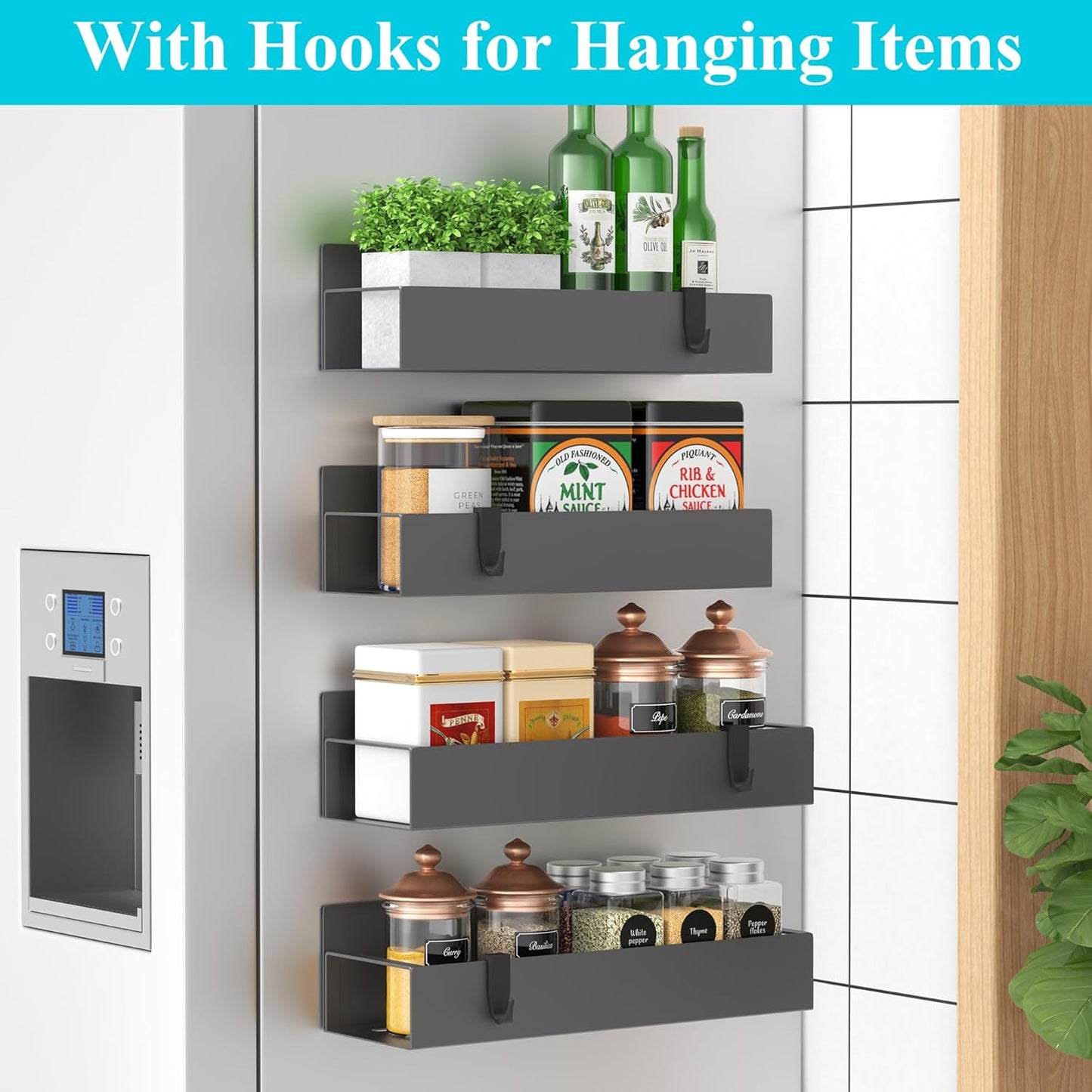 HuggieGems Metal 4 Pack Magnetic Spice Storage Rack Organizer for Refrigerator and Oven, Black Fridge Organizers and Storage, Metal