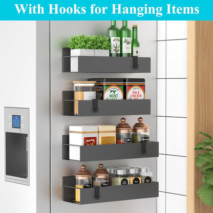 HuggieGems Metal 4 Pack Magnetic Spice Storage Rack Organizer for Refrigerator and Oven, Black Fridge Organizers and Storage, Metal