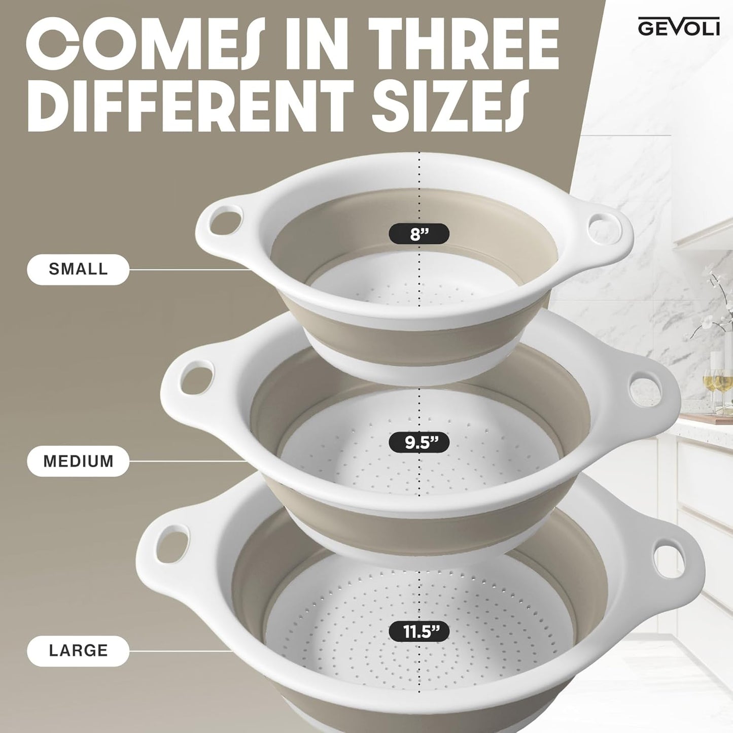 Gevoli Collapsible Colanders with Self-Draining Base for Edge of Sink, Food Strainers (Small/Med/Large), Nested Design for Easy Storage (Red, Blue, Green) (4PC Set)