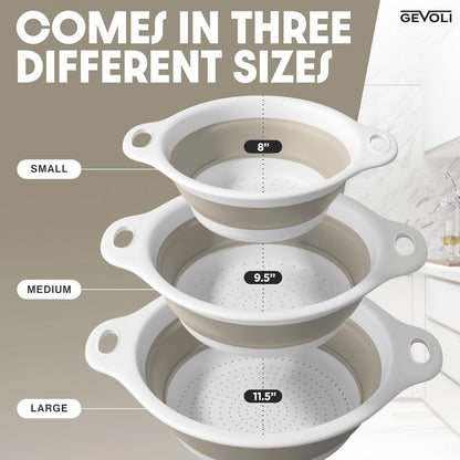 Gevoli Collapsible Colanders with Self-Draining Base for Edge of Sink, Food Strainers (Small/Med/Large), Nested Design for Easy Storage (Red, Blue, Green) (4PC Set)