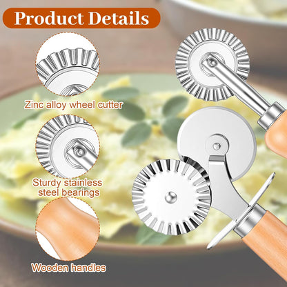 Qianyu 2 Pcs Double Fluted Pasta Cutter Pastry Wheel Cutter Stainless Steel Ravioli Crimper Edge Cheese Slicers Wheel with Wooden Handle for Home Kitchen Making Pastry Pizza Cookie Pasta Tools