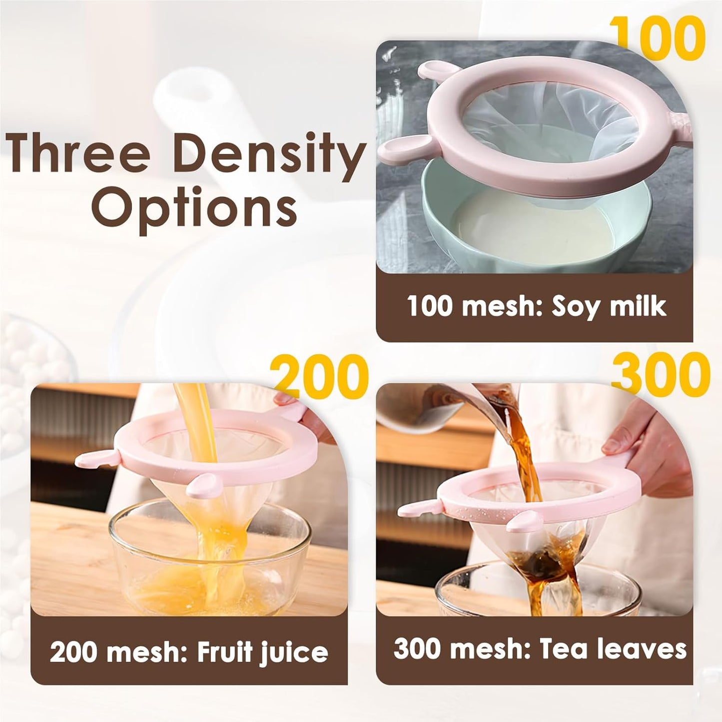 3-in-1 Fine Mesh Filter Kit with Detachable Sieve, 100/200/300 Mesh Filter with Grey Handle, Interchangeable Nylon Filter for Coffee, Tea, Nuts, Milk Juice, Fine Mesh Food Grade PP Frame（Grey）