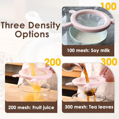 3-in-1 Fine Mesh Filter Kit with Detachable Sieve, 100/200/300 Mesh Filter with Grey Handle, Interchangeable Nylon Filter for Coffee, Tea, Nuts, Milk Juice, Fine Mesh Food Grade PP Frame（Grey）