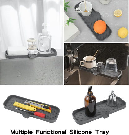 MicoYang Silicone Soap Dish with Drain Spout, Self-Draining Sink Organizer Tray for Bathroom and Kitchen, Sponges, Dispensers and Soap Holder, Non-Slip and Dishwasher Safe, Black (Compact, 4.9"×3.2")