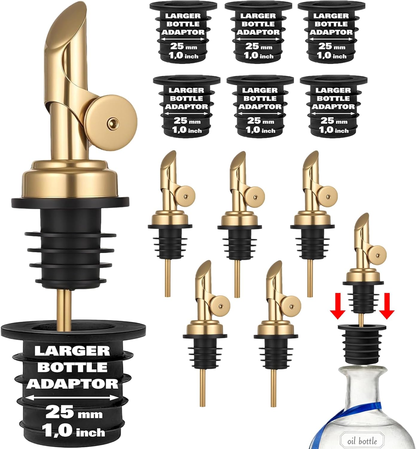 Pafusen Olive Oil Pour Spout with Adapters, Oils Pourer for Olive Oil Dispenser Bottle, Easily Turn Your Bottles into Dispensers for Liquor,Oils,Bottle Pourers (Sliver, 3 Pack Pour +Adapters)