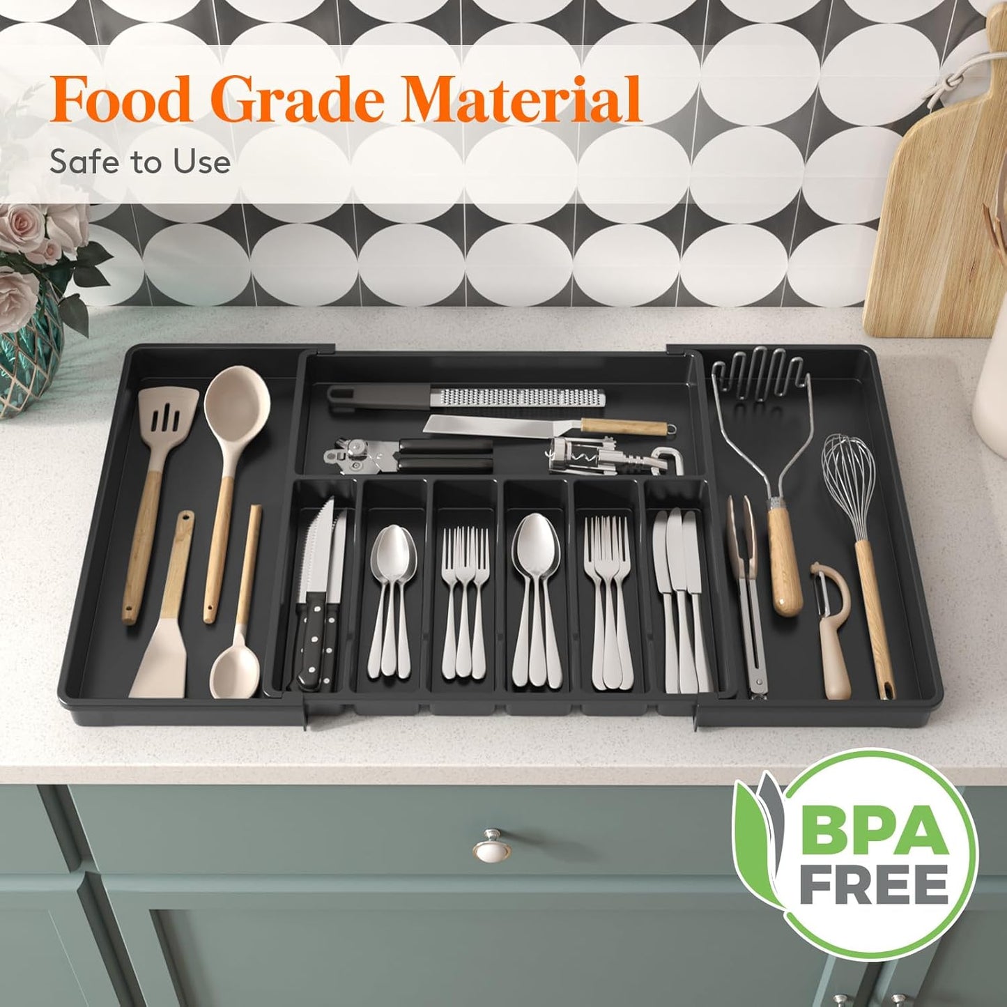 Lifewit Silverware Drawer Organizer, Expandable Utensil Tray for Kitchen, BPA Free Flatware and Cutlery Holder, Adjustable Plastic Storage for Spoons Forks Knives, 11-18 x 14", Black