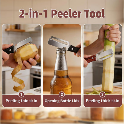 Multifunctional Vegetable Peeler, 3 in 1 Julienne Peeler with Wooden Handle, Vegetable Shredder with Bottle Opener Kitchen Tool for Peeling Veggie Fruit Pineapple Pumpkin Papaya Carrrot(2 Pack)