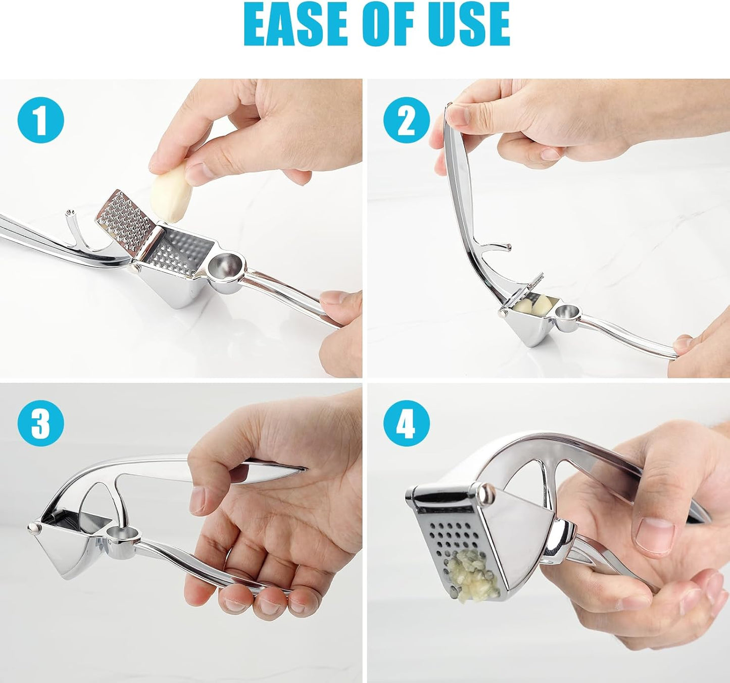 Garlic Press, Premium Metal Garlic Mincer Tool, Heavy Duty Garlic Crusher with Ergonomic Handle, Rust Proof & Dishwasher Safe, Easy to Squeeze and Clean -Silver