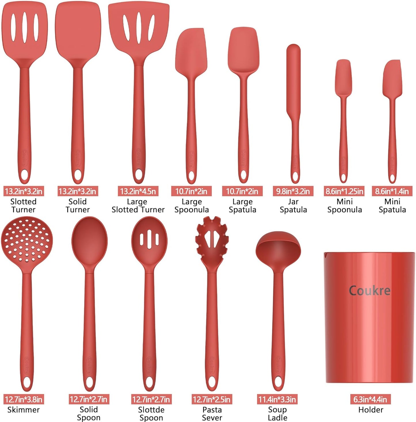 Coukre Silicone Kitchen Cooking Utensils Set with Holder – Heat-Resistant, Food-Grade Kitchen Tools, Spatula, Spoon & Gadgets for Non-Stick Pans, Dishwasher Safe (14, PureBlack)