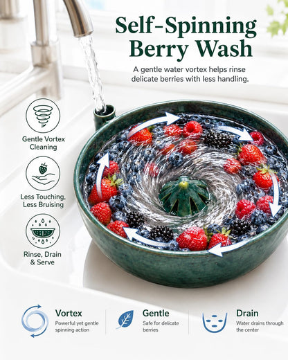 Vortex Berry Bowl The Original Artisan Swirling Berry Bowls Handmade 3D Print Berry Colander Self Rinsing Fruit Washing Stoneware Rinse Gentle Dynamic Washer Spinner Basket(3D Printing Blue)