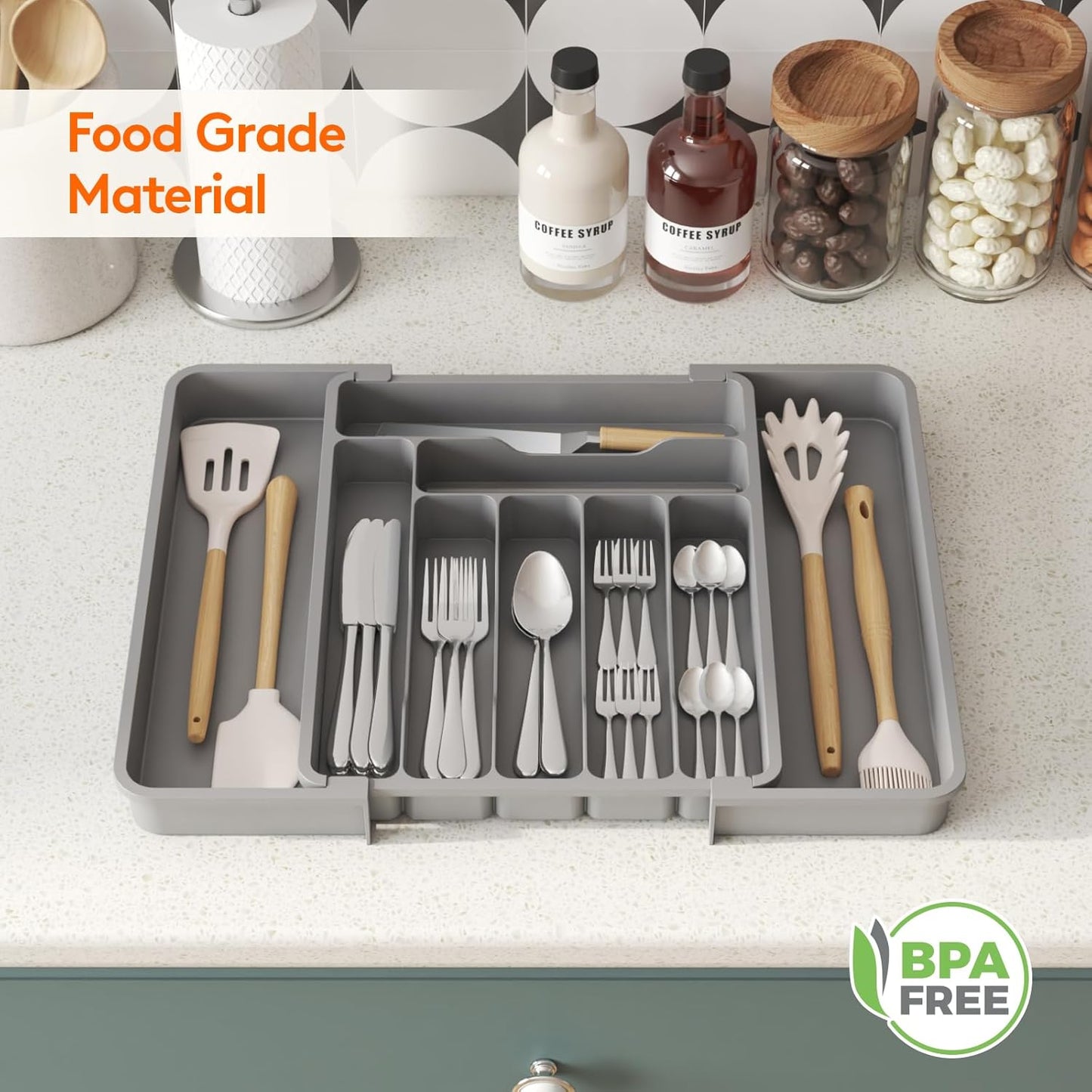 Lifewit Utensil Organizer for Kitchen Drawer, Expandable Cooking Silverware Tray, Adjustable Cutlery Flatware Holder, Plastic Spatula Tools Storage Divider, 14.4 x 15.8", Black
