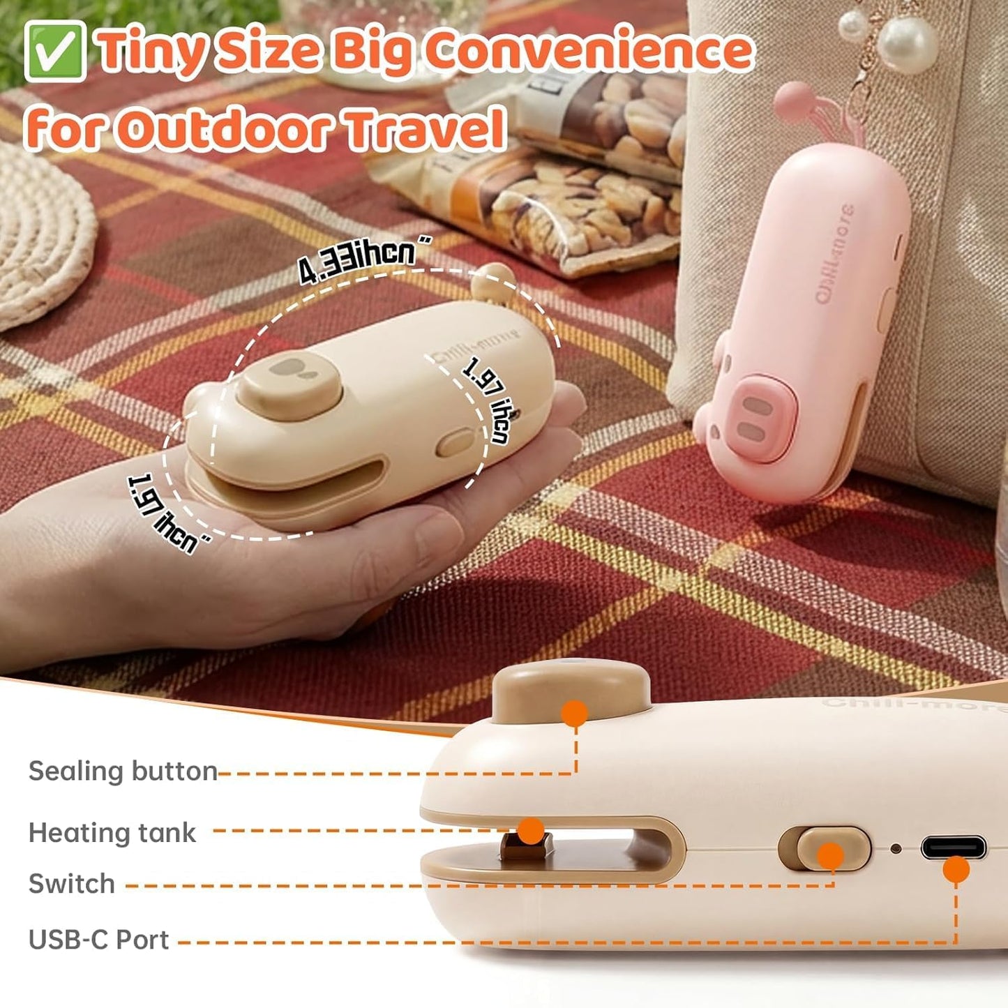 2 in 1 Mini Rechargeable Bag Sealer with Magnet, Heat Sealers for Chip Snack, Portable Sealing Machine for Kitchen Z1