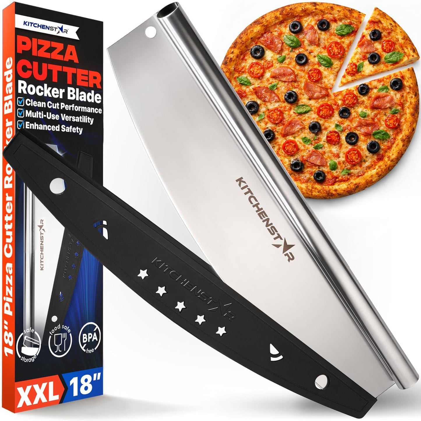 KitchenStar 14-Inch Pizza Cutter Rocker Blade - Sharp Stainless Steel Slicer Knife, Protective Cover, Dishwasher Safe, Large - Professional Pizza Oven Accessories