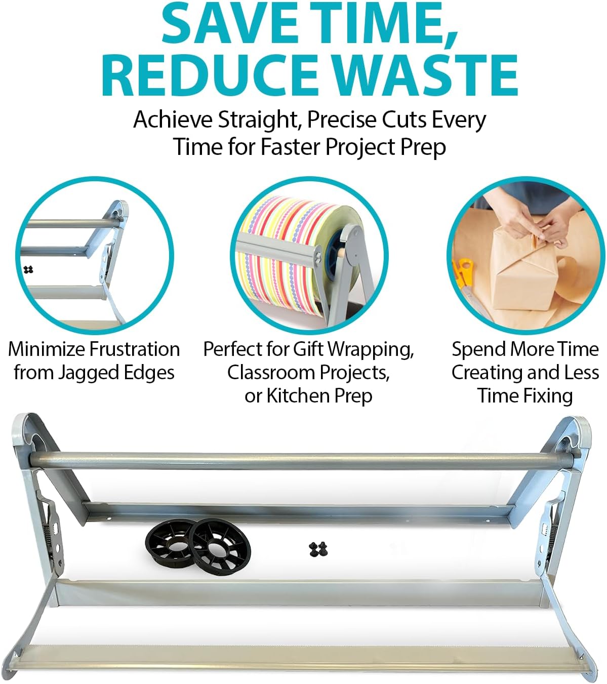 30" Roll Paper Dispenser with Cutter - Wall Mount or Desktop Metal Straight Edge Cutter - Fits Craft Paper Roll, Freezer, Wrapping, Butcher Papers, or Cling Film - Non-Sharp Edge, Grey
