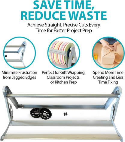 30" Roll Paper Dispenser with Cutter - Wall Mount or Desktop Metal Straight Edge Cutter - Fits Craft Paper Roll, Freezer, Wrapping, Butcher Papers, or Cling Film - Non-Sharp Edge, Grey