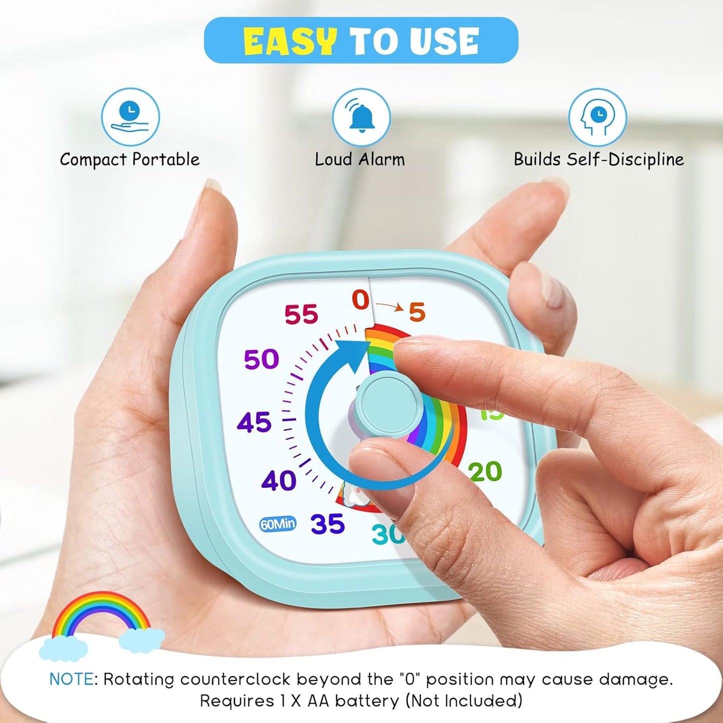 HIPPIH Visual Timer for Kids - 60 Minute Pomodoro Timers for Classroom Kitchen Office, Countdown Kids Timer Clock with Rainbow Disk, Desk Time Management Tool for Toddler with Silent Operation, Blue