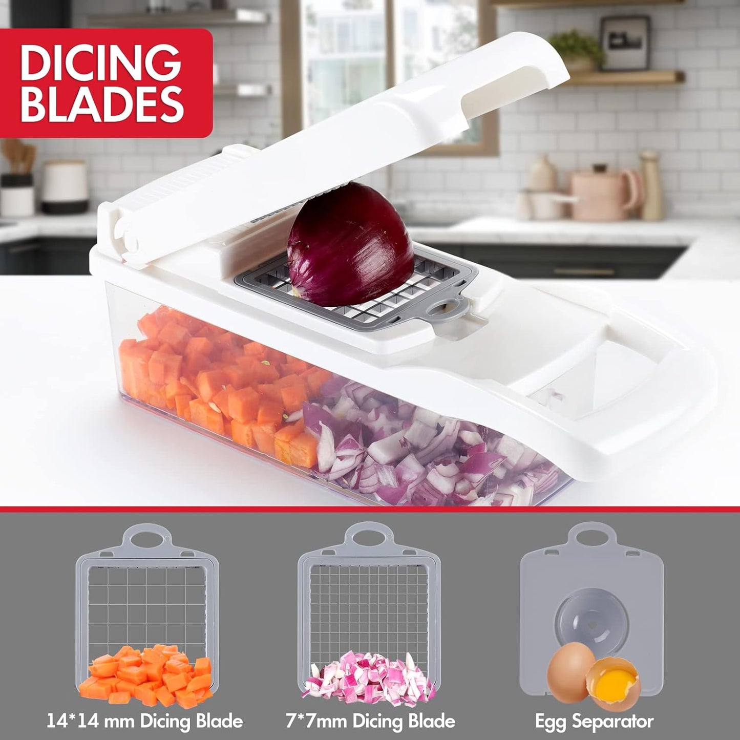 Ourokhome Vegetable Chopper Onion Cutter, 14 in 1 Professional Mandolin Slicer for Kitchen, Multifunctional Food Chopper for Potato, Tomato, Veggie with Strainer Basket, 10 Blades, Gray