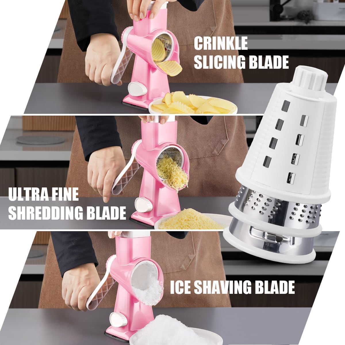 KEOUKE Rotary Cheese Grater Hand Crank Transparent - Shredder Slicer Grinder 3 Stainless Steel Blades, Stable Suction, Labor-Saving Handle, Safe Kitchen Tool for Cheese, Vegetable, Nuts, Chocolate
