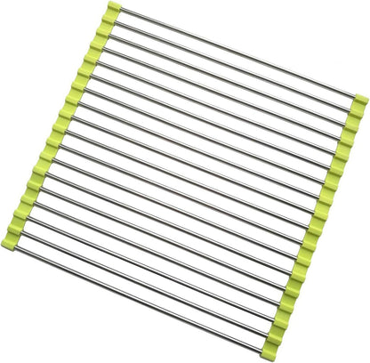 Roll Up Dish Drying Rack, Stainless Steel and Silicone Dish Drying Mat Over The Sink Foldable Drain Rack Multipurpose Dish Drainer for Kitchen, 14.5” x 14”, Gray