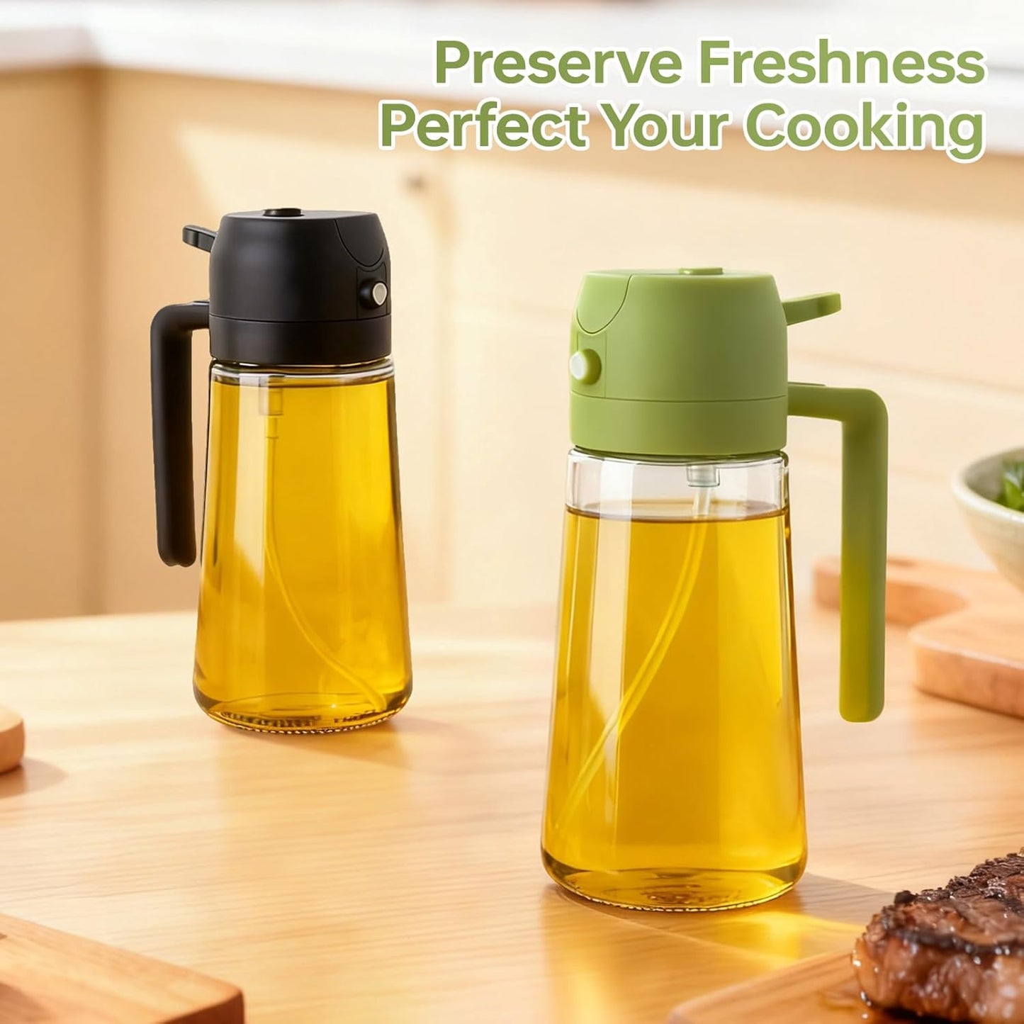 2Pcs Glass Oil Sprayer for Cooking 16oz/470ml, Kitchen Gadget for Air Fryer, Salad, BBQ, Frying（White） (Black+Green)