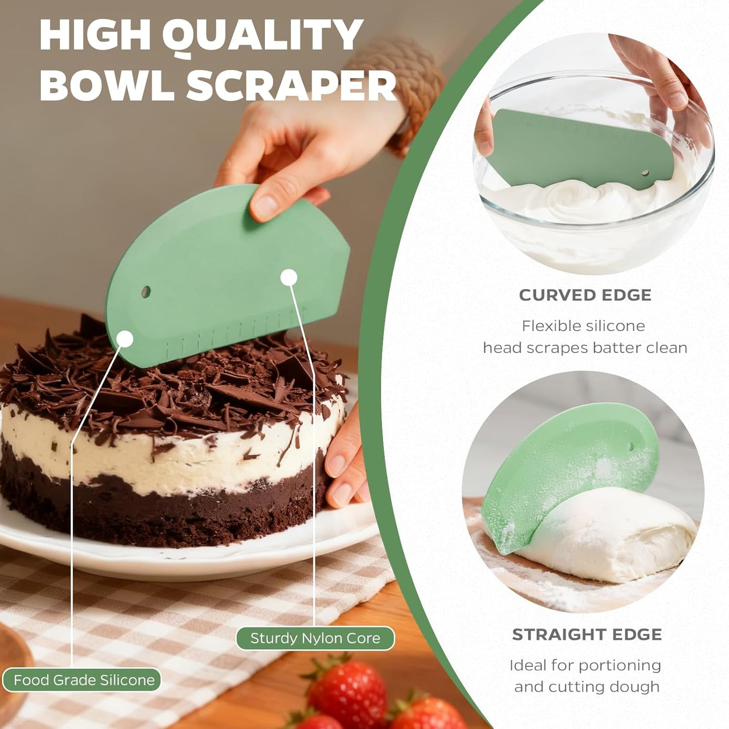 Bowl Scraper Dough Scraper Tool - Set of 2 Silicone Bench Scraper for Baking, Kitchen Pastry Scraper for Bread, Cake, Batter, cheese, Cream, Honey, Jam, Food Scraper with Curved Edge, Blue & Grey